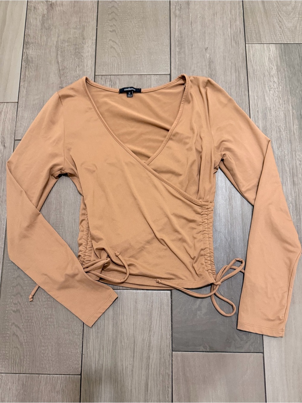 Ambiance Wrap-Style Long Sleeve Top - Tan